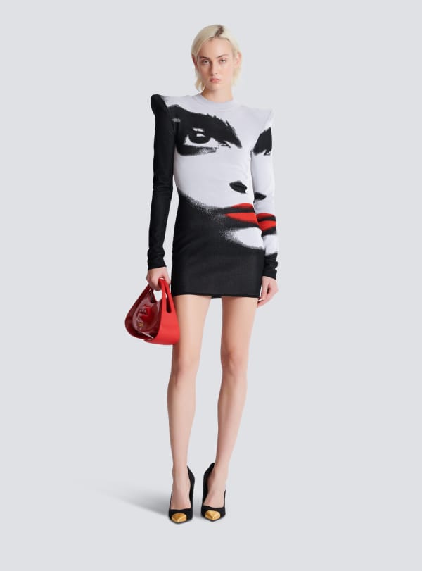 Balmain Paris Robe En Maille Jacquard Motif Face Blanc - Femme