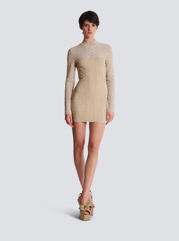 Balmain Paris Robe En Maille Monogramme PB Labyrinthe Beige - Femme