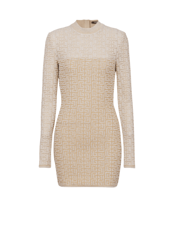 balmain paris Robe en maille monogramme PB Labyrinthe beige - Femme