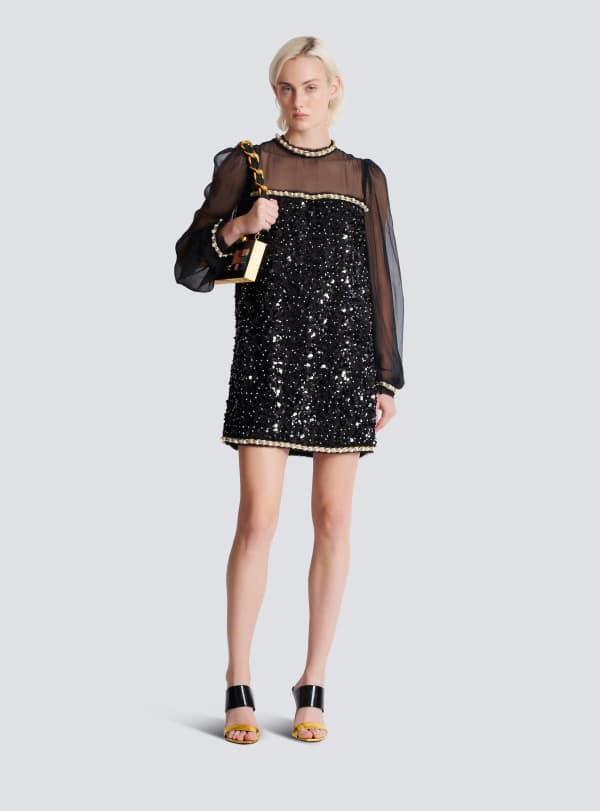 Balmain Paris Robe En Mousseline Et Sequins Perlés Noir - Femme