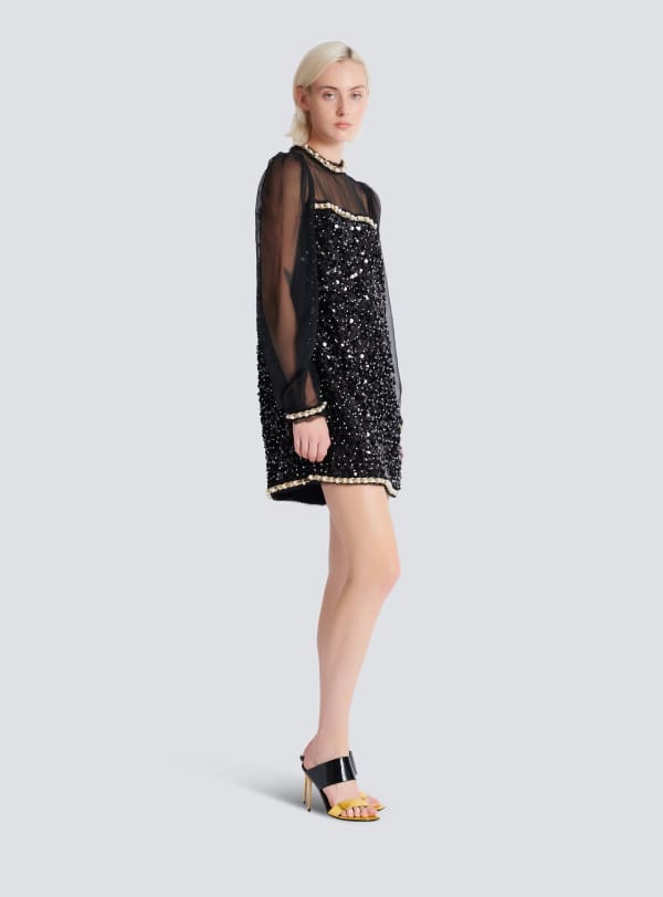 Balmain Paris Robe En Mousseline Et Sequins Perlés Noir - Femme