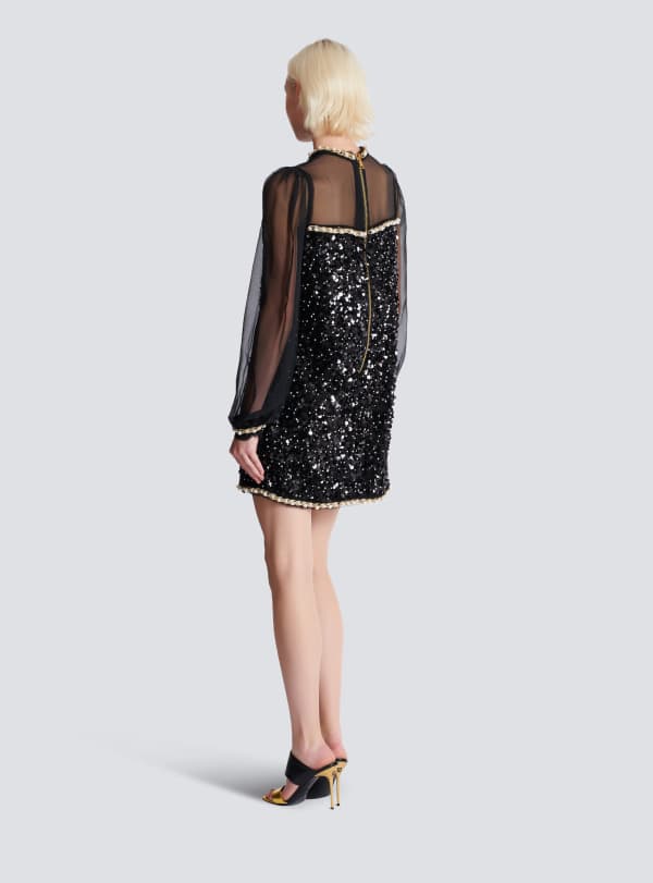 Balmain Paris Robe En Mousseline Et Sequins Perlés Noir - Femme