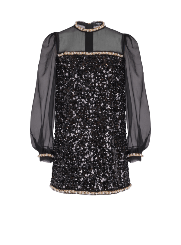 balmain paris Robe en mousseline et sequins perlés noir - Femme