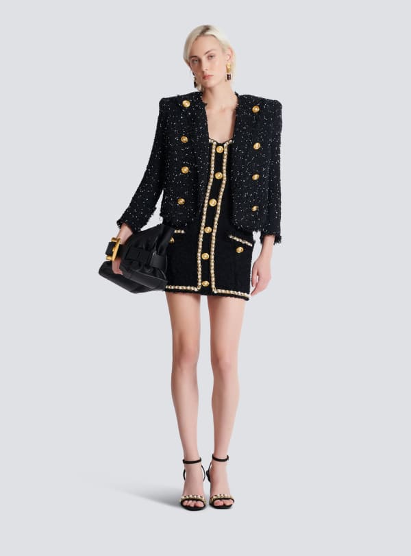 Balmain Paris Robe En Tweed Avec Galons Perlés Noir - Femme