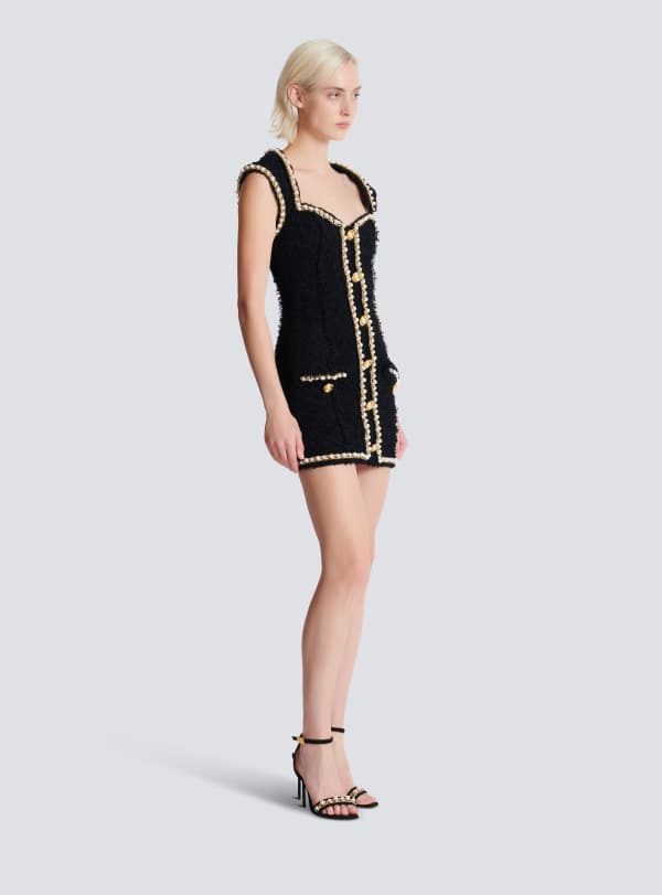 Balmain Paris Robe En Tweed Avec Galons Perlés Noir - Femme