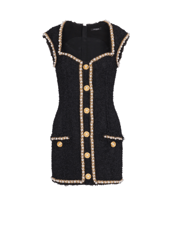 balmain paris Robe en tweed avec galons perlés noir - Femme