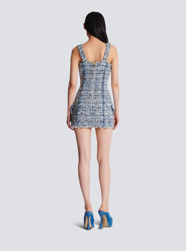 Balmain Paris Robe En Tweed Courte à Bretelles Bleu - Femme