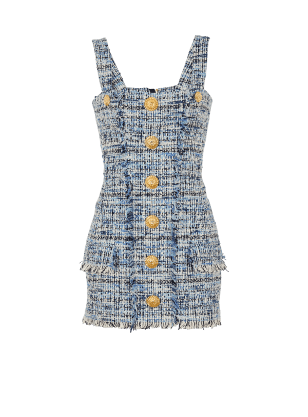 balmain paris Robe en tweed courte à bretelles bleu - Femme