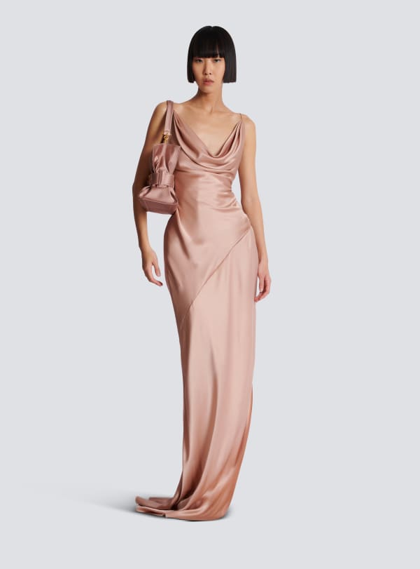 Balmain Paris Robe Fendue En Satin Drapé Beige - Femme