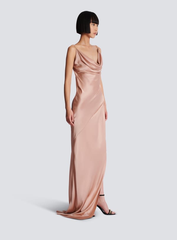Balmain Paris Robe Fendue En Satin Drapé Beige - Femme