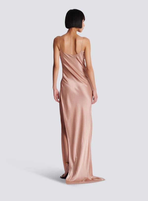 Balmain Paris Robe Fendue En Satin Drapé Beige - Femme