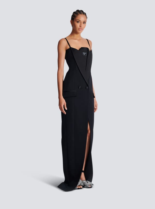 Balmain Paris Robe Longue à Bretelles En Grain De Poudre Noir - Femme