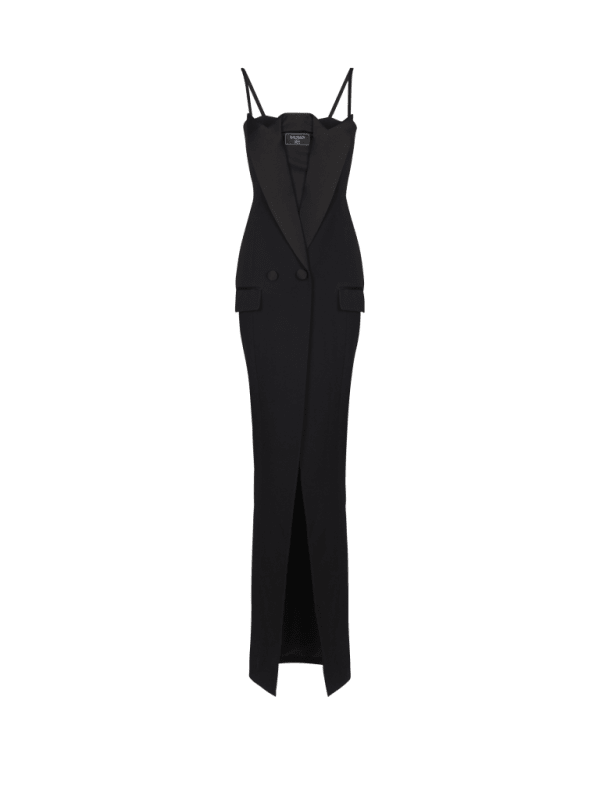 balmain paris Robe longue à bretelles en grain de poudre noir - Femme