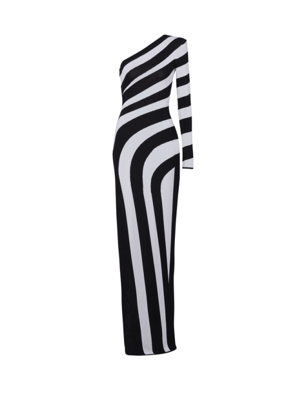 balmain paris Robe longue asymétrique en maille rayée noir - Femme