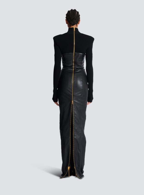 Balmain Paris Robe Longue Bi-matière En Maille Et Cuir D'agneau Noir - Femme