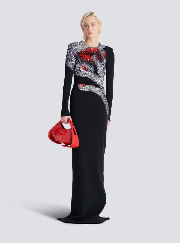 Balmain Paris Robe Longue Brodée Motif Face Noir - Femme
