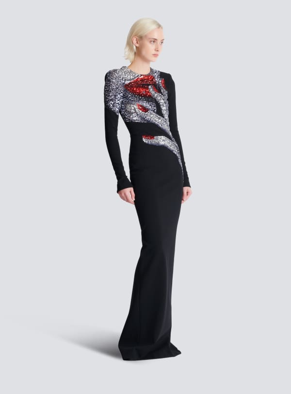 Balmain Paris Robe Longue Brodée Motif Face Noir - Femme