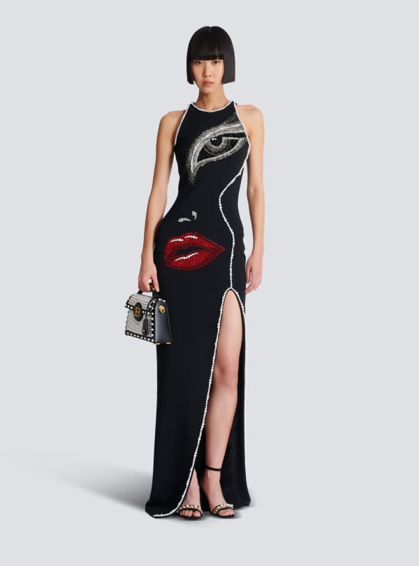 Balmain Paris Robe Longue Brodée Motif Face Noir - Femme