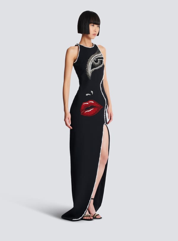 Balmain Paris Robe Longue Brodée Motif Face Noir - Femme