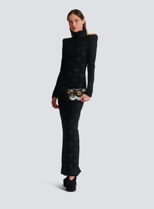 Balmain Paris Robe Longue En Maille Bouclette Vichy Noir - Femme