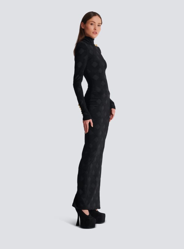 Balmain Paris Robe Longue En Maille Bouclette Vichy Noir - Femme
