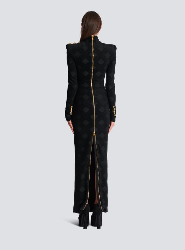 Balmain Paris Robe Longue En Maille Bouclette Vichy Noir - Femme