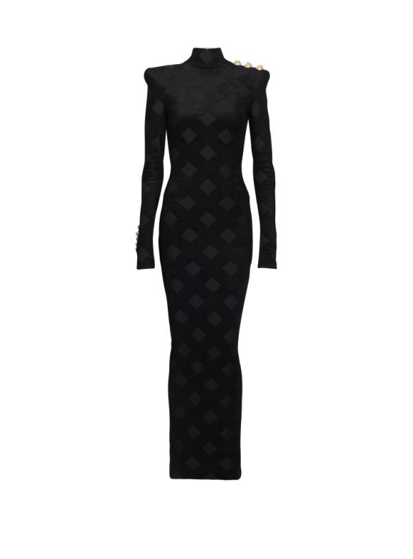 balmain paris Robe longue en maille bouclette vichy noir - Femme