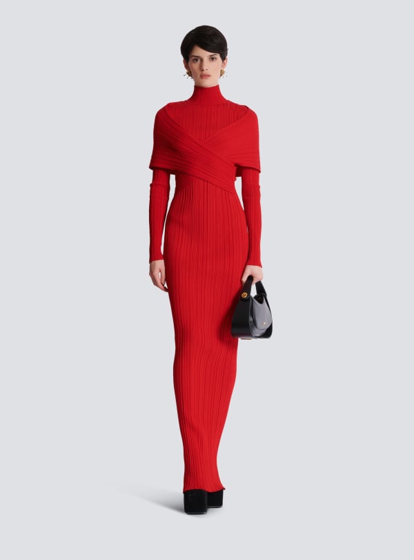 Balmain Paris Robe Longue En Maille Plissée Rouge - Femme