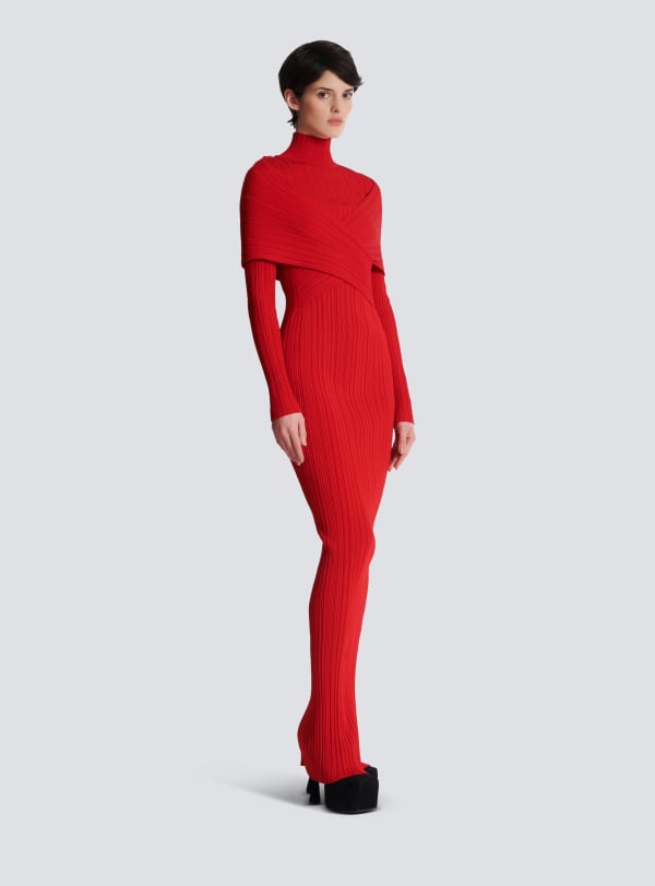 Balmain Paris Robe Longue En Maille Plissée Rouge - Femme