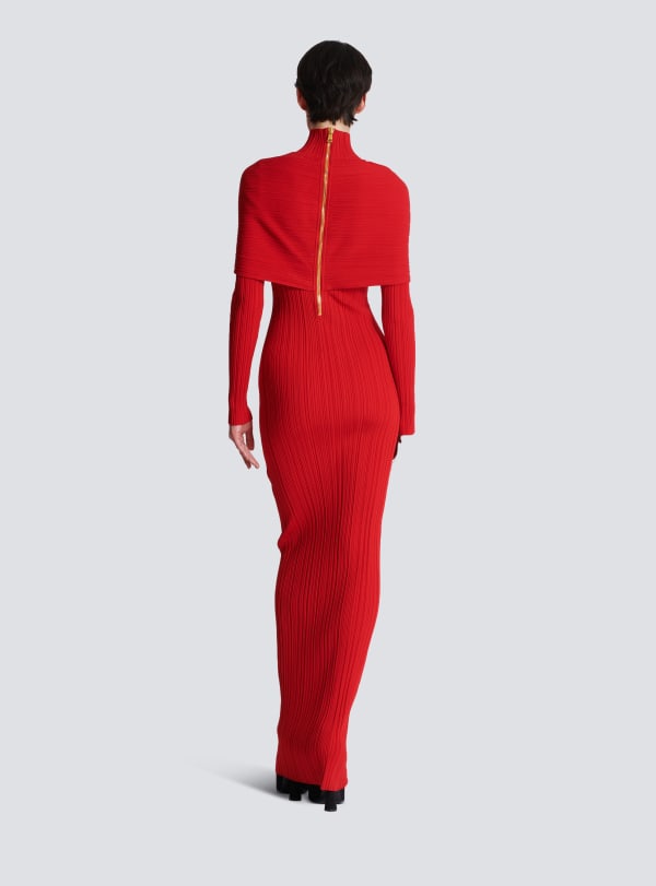 Balmain Paris Robe Longue En Maille Plissée Rouge - Femme