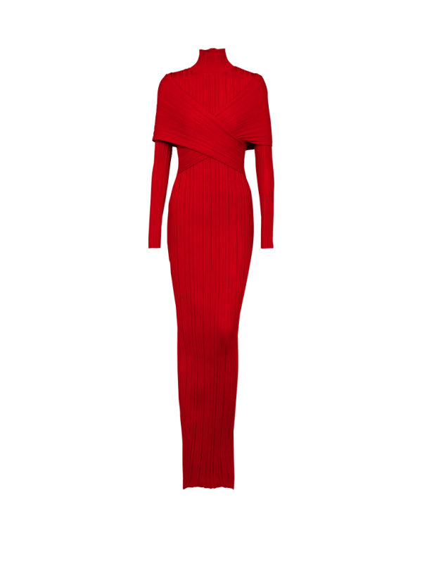 balmain paris Robe longue en maille plissée rouge - Femme
