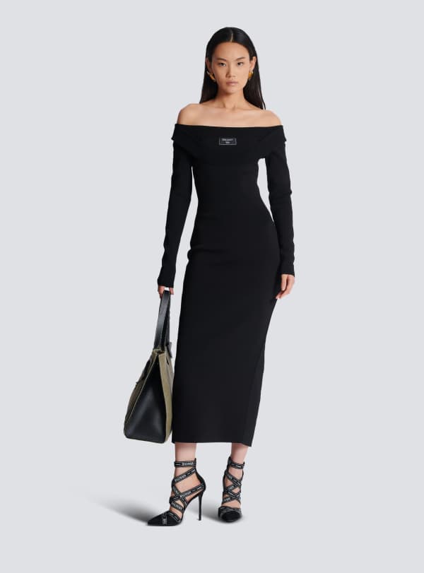 Balmain Paris Robe Longue En Maille Unie Noir - Femme