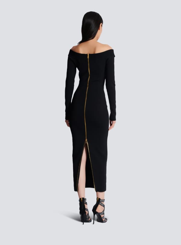 Balmain Paris Robe Longue En Maille Unie Noir - Femme