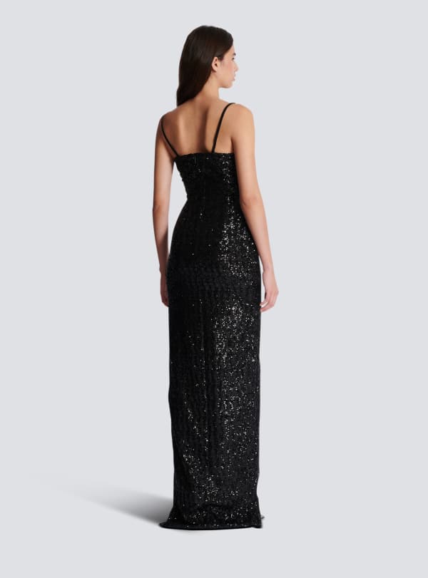 Balmain Paris Robe Longue En Sequins Brodés Palmier Noir - Femme
