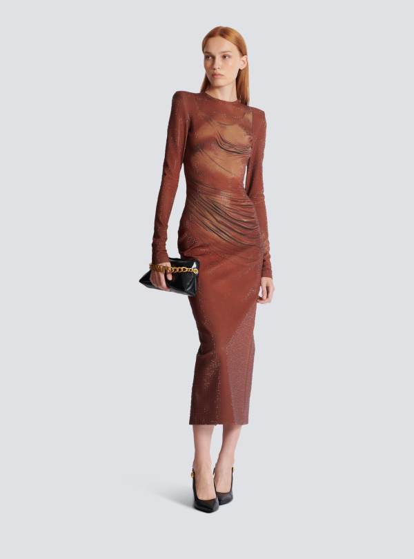 Balmain Paris Robe Longue Imprimée Et Strassée Marron - Femme