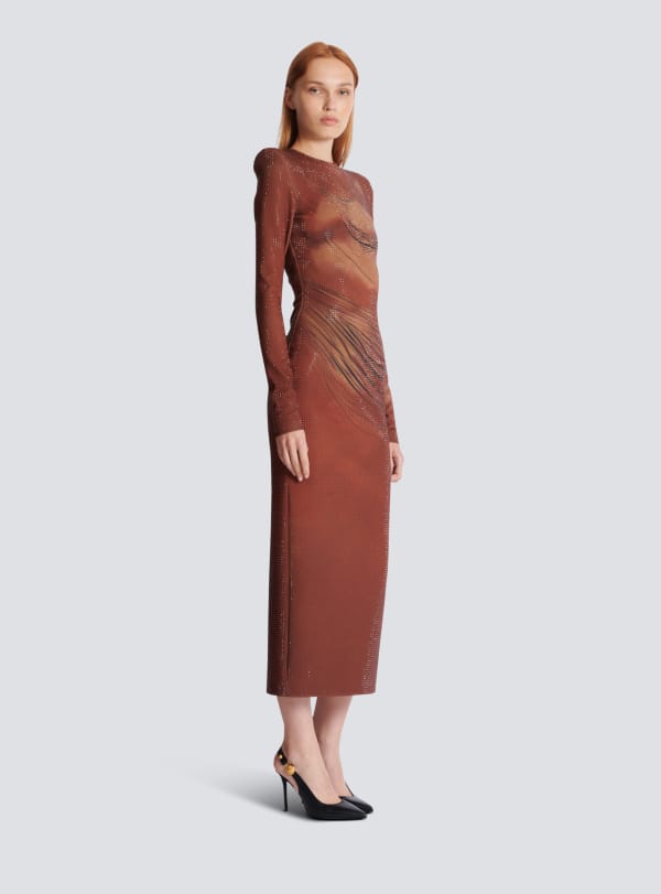 Balmain Paris Robe Longue Imprimée Et Strassée Marron - Femme