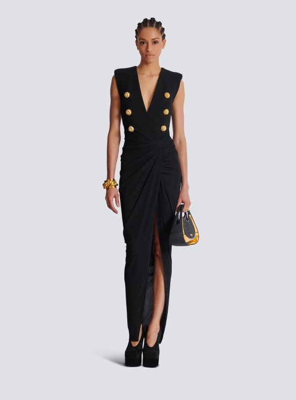 Balmain Paris Robe Longue Tailleur En Crêpe Noir - Femme