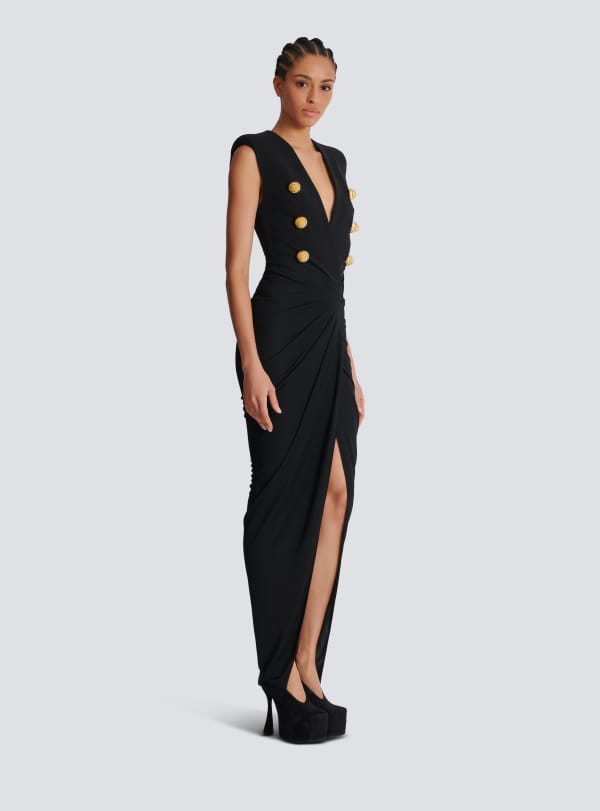 Balmain Paris Robe Longue Tailleur En Crêpe Noir - Femme