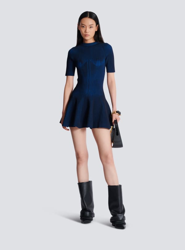 Balmain Paris Robe Trapèze Courte En Maille Bleu Marine - Femme