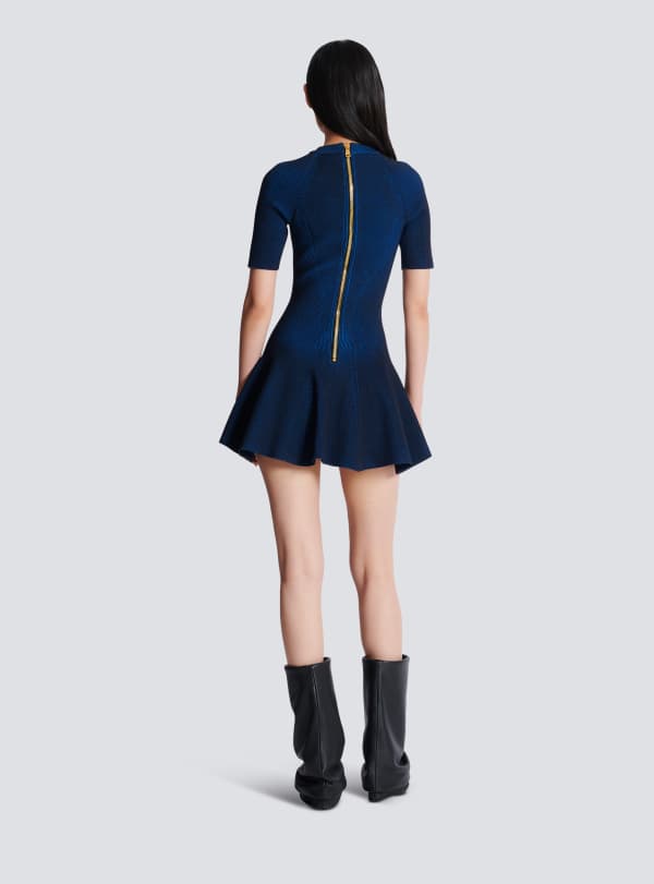 Balmain Paris Robe Trapèze Courte En Maille Bleu Marine - Femme