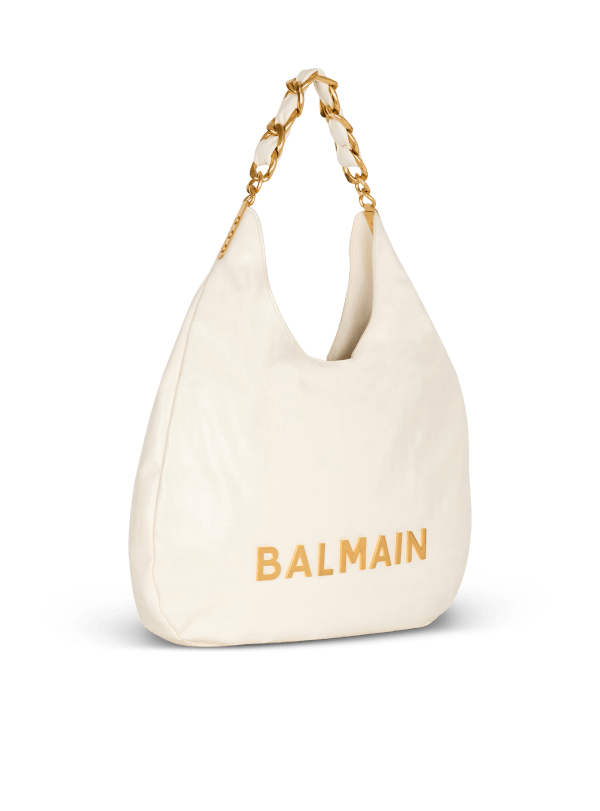 Balmain Paris Sac 1945 Soft Hobo En Cuir De Veau Froissé Embossé Monogramme PB Labyrinthe Blanc - Femme