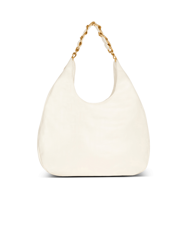 Balmain Paris Sac 1945 Soft Hobo En Cuir De Veau Froissé Embossé Monogramme PB Labyrinthe Blanc - Femme