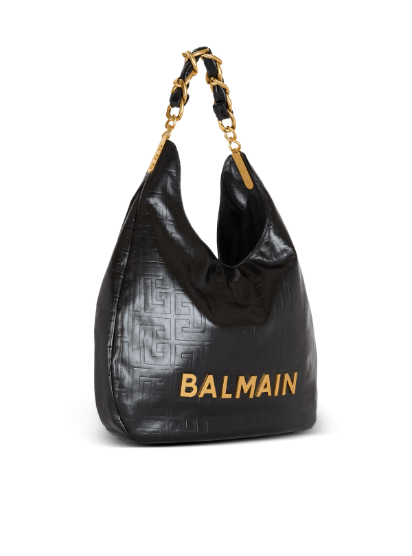 Balmain Paris Sac 1945 Soft Hobo Large En Cuir De Veau Froissé Noir - Femme