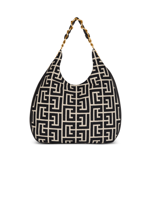 Balmain Paris Sac 1945 Soft Hobo Large En Jacquard Monogramme PB Labyrinthe Noir - Femme