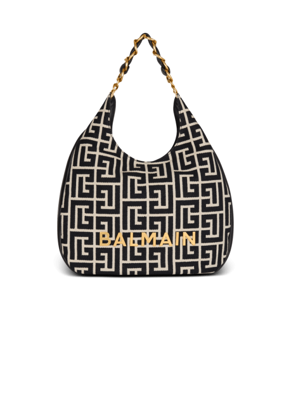 balmain paris Sac 1945 Soft Hobo Large en jacquard monogramme PB Labyrinthe noir - Femme