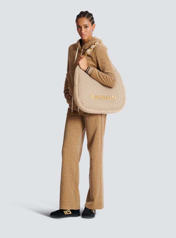 Balmain Paris Sac 1945 Soft Hobo Large En Nylon Monogramme PB Labyrinthe Beige - Femme