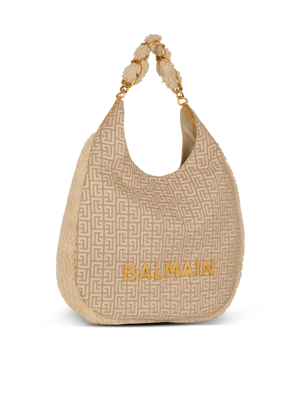 Balmain Paris Sac 1945 Soft Hobo Large En Nylon Monogramme PB Labyrinthe Beige - Femme