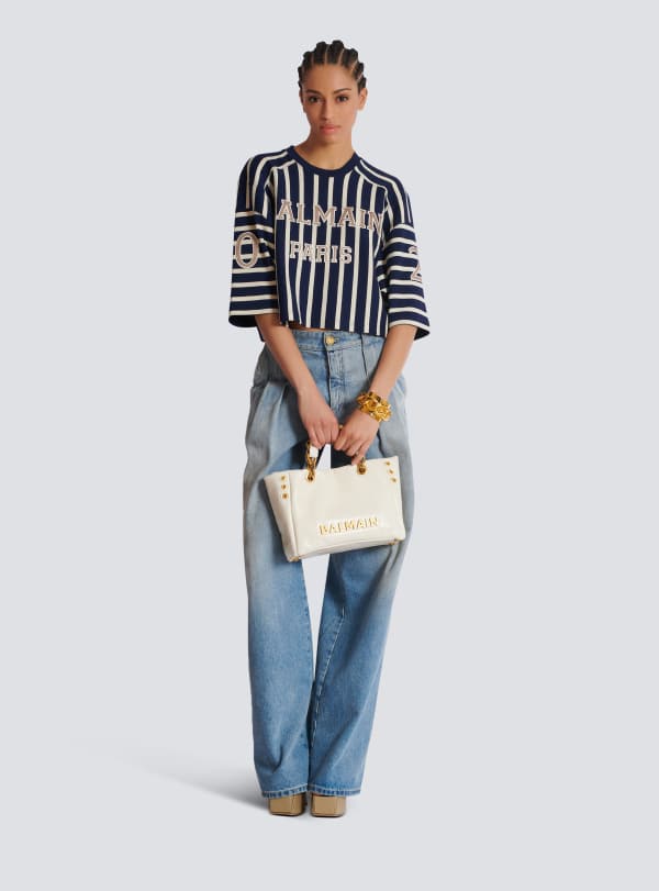 Balmain Paris Sac 1945 Soft Small En Cuir De Veau Craquelé Embossé Monogramme PB Labyrinthe Blanc - Femme