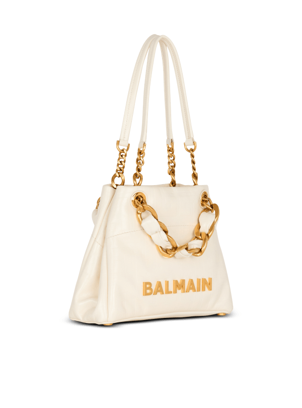 Balmain Paris Sac 1945 Soft Small En Cuir De Veau Craquelé Embossé Monogramme PB Labyrinthe Blanc - Femme