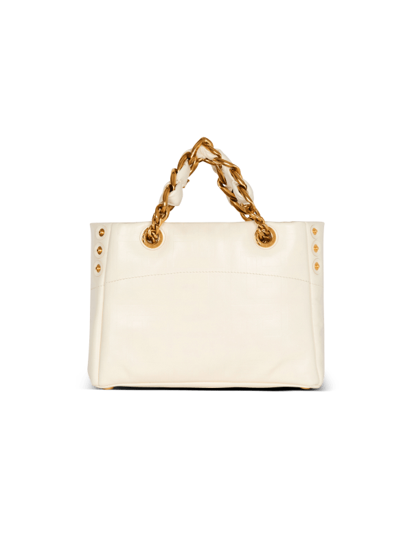 Balmain Paris Sac 1945 Soft Small En Cuir De Veau Craquelé Embossé Monogramme PB Labyrinthe Blanc - Femme